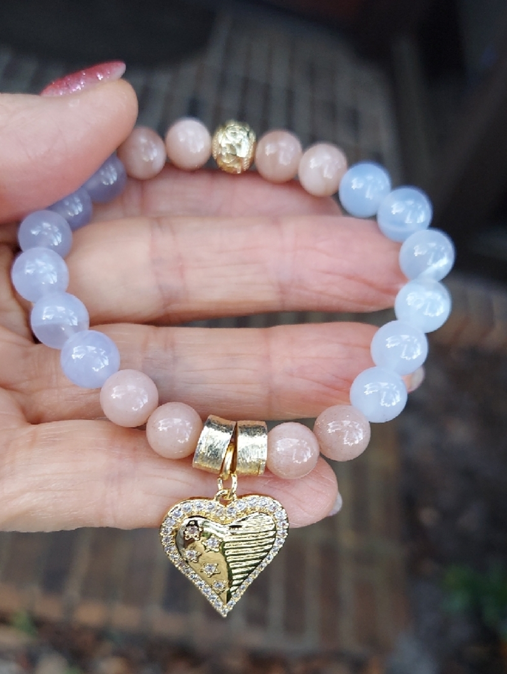 Beaded Peach Moonstone Blue Lace Agate Stretch Bracelet / Large Gold Heart Charm